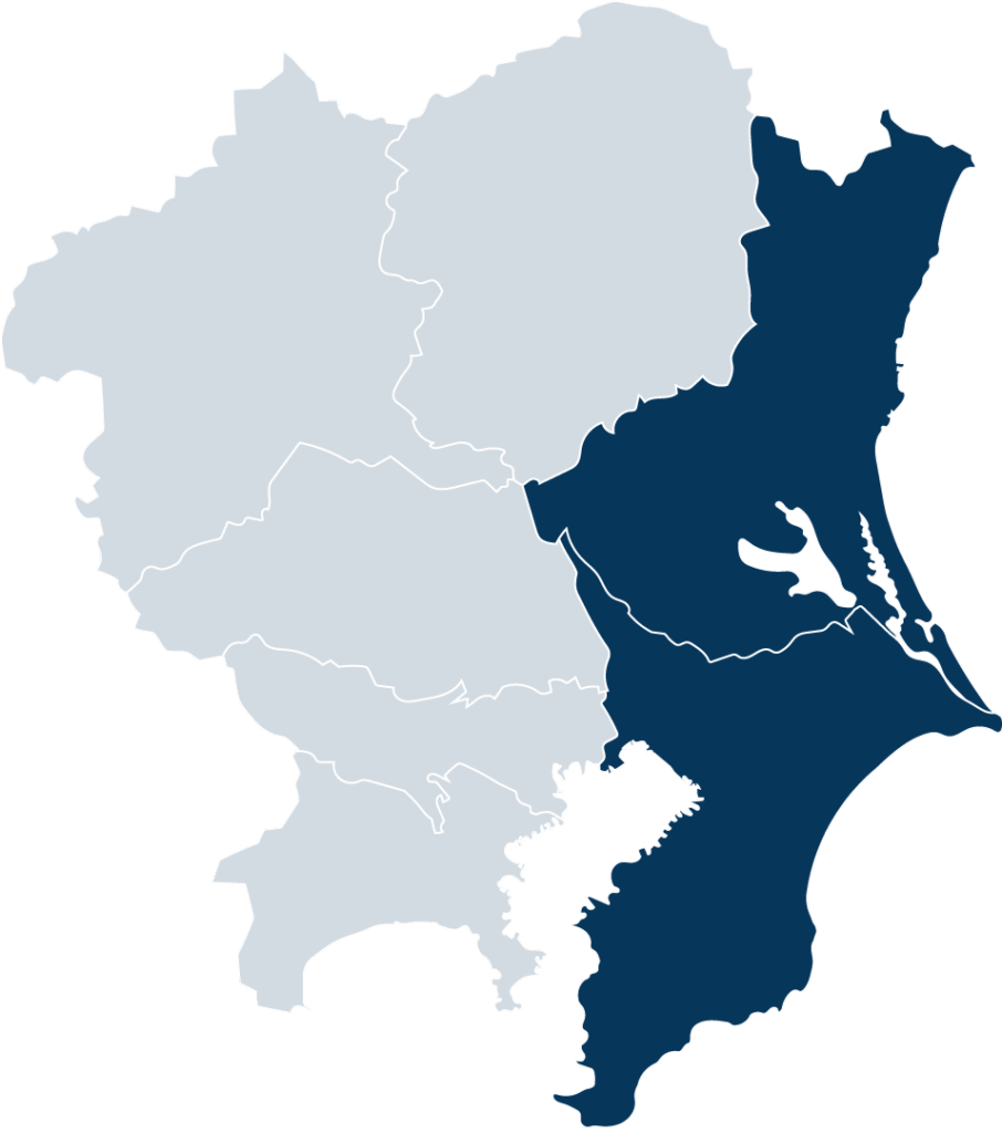 茨城県と千葉県が青く塗られた関東地方の地図